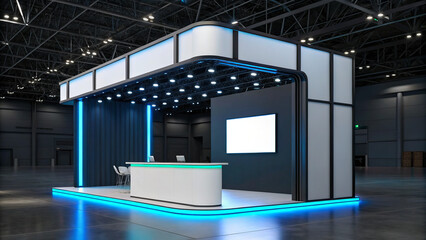 Modern illuminated conference booth mockup with screen in hall
