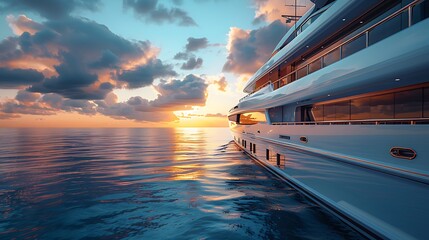 Luxurious yacht gliding over calm waters at sunset, with vibrant clouds reflecting on the sea