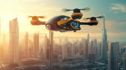 Drone taxi flying over cityscape at sunrise; future urban transport