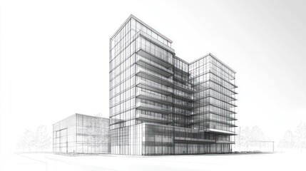 Architectural drawing of a modern high-rise building, city background.  Possible use Stock photo for architecture, design, construction, or urban planning