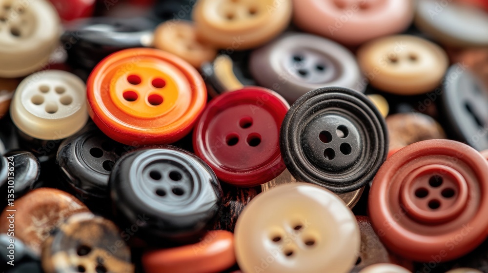 Poster colorful assortment of various buttons in different shapes and sizes arranged in a close-up view for