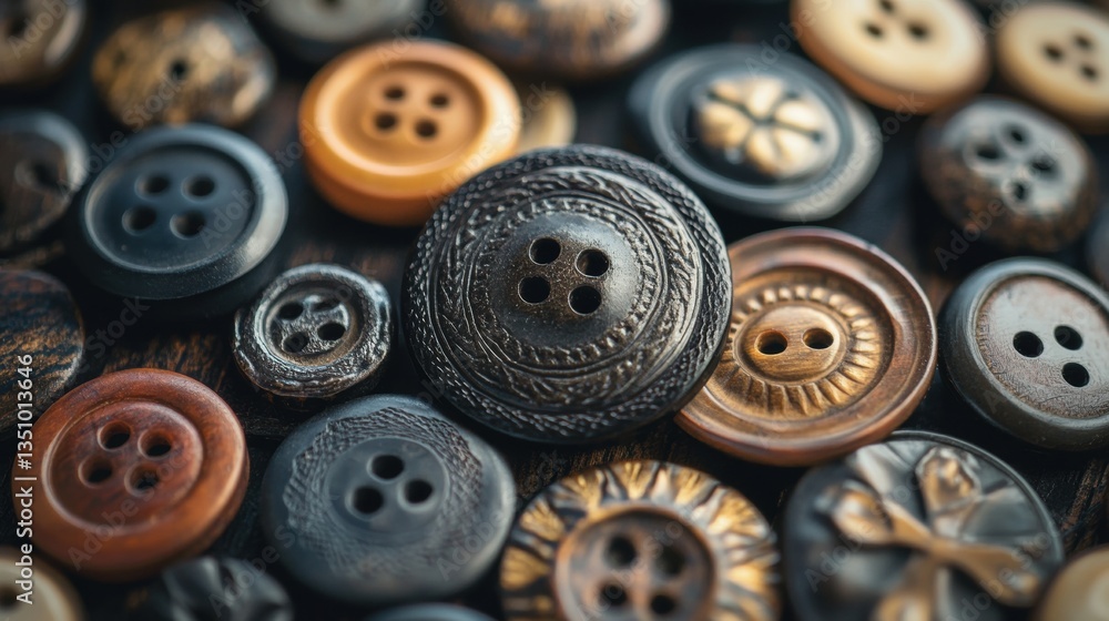 Poster vintage collection of colorful buttons in various shapes and textures on a wooden surface for craft 