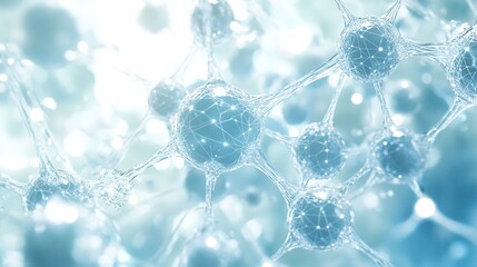 Transparent molecular structures in blue-white 3D, with spheres and lines interwoven, craft a professional visual vibe for advanced scientific or medical exploration.