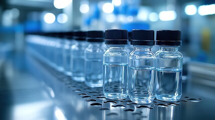 Transparent glass bottles line a lab assembly line, their clear liquid visible, showcasing a professional pharmaceutical production or testing scene.