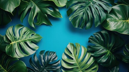 The blue background is surrounded by tropical Monstera leaves, and the dark green leaves have clear textures, creating natural vitality and visual tension with sharp color contrast.
