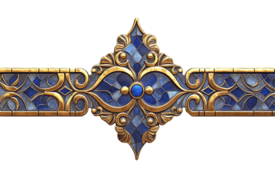 Ornate Gold and Blue Stained Glass Design Regal Border isolated on transparent background