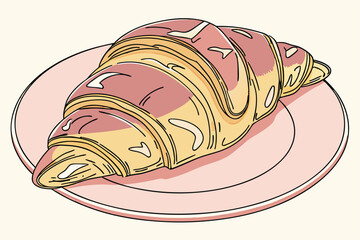 75 Golden buttery croissant, flaky pastry, crisp layers, warm tones, pink plate, circular composition, soft lighting, minimalist presentation, high-resolution detail, food photography, appetizing, bak