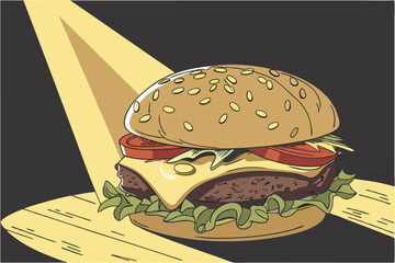 76 Gourmet cheeseburger, sesame seed bun, juicy beef patty, melted cheese, fresh lettuce, ripe tomato slices, dark background, dramatic lighting, high-contrast, commercial food photography, ultra-deta