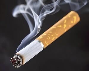 Healthy Burning cigarette Smoke risk Cigarette with smoke on black background.