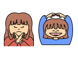 両手でマルとバツを作る女性のイラスト　セット