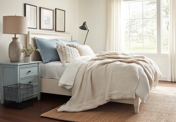 Bright bedroom with bed, nightstand, and window.