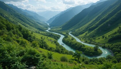 Fototapeta premium Serene River Winding Through Lush Green Mountain Valley Landscape