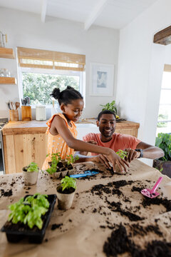 Father and daughter planting seedlings together at home, enjoying quality time
