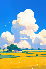 Idyllic Countryside with Golden Fields and Fluffy Clouds