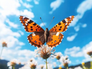 Butterfly resting on flower bright daylight shot at eye level nature photography soft blurred background