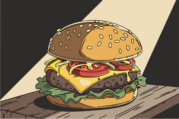 76 Gourmet cheeseburger, sesame seed bun, juicy beef patty, melted cheese, fresh lettuce, ripe tomato slices, dark background, dramatic lighting, high-contrast, commercial food photography, ultra-deta