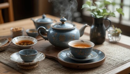 Aromatic Tea Ceremony Blue Porcelain Tea Set on Wooden Table