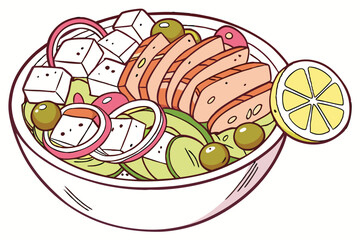77 Vibrant bowl of Mediterranean cuisine, top-down view, colorful ingredients, feta cheese cubes, sliced grilled chicken, pink pickled onions, green olives, lemon slice, white ceramic dish, balanced c