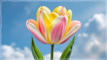 A vibrant and cheerful Easter card featuring a beautiful, cup-shaped tulip with petals in shades of bright yellow, soft pink, and delicate white, set against a serene blue sky