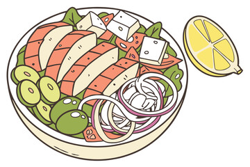 77 Vibrant bowl of Mediterranean cuisine, top-down view, colorful ingredients, feta cheese cubes, sliced grilled chicken, pink pickled onions, green olives, lemon slice, white ceramic dish, balanced c