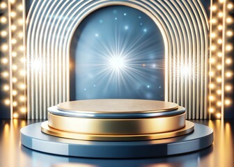 A glamorous awards ceremony stage awaits the victor, bathed in shimmering spotlights and elegant gold and blue tones.