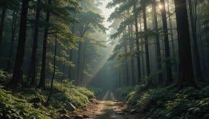 Obraz premium Sunbeams Illuminate Misty Forest Path Serene Nature Trail Scene