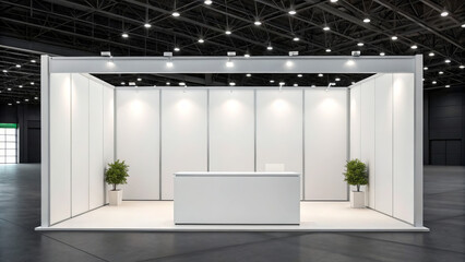 Minimalist conference booth mockup with counter and plant in hall