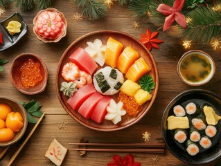 A traditional Japanese meal for Kodomo no Hi featuring an assortment of sushi, sashimi, and festive garnishes