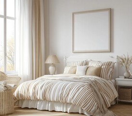 Bright bedroom with striped bedding, large window, and blank frame.