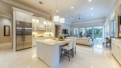 Modern kitchen island, open floor plan, Florida home, backyard view