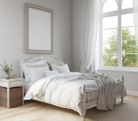 Bright bedroom with white bed, frame mockup, and window.