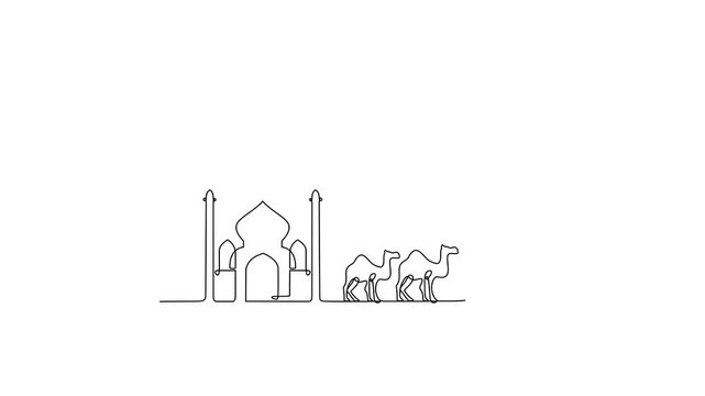 Animated self drawing line of Ramadan Kareem video design illustration. Ramadan Kareem themes in simple sketch concept design video. Design with Mosque, building, lantern, moon, star, camel ornament.