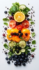 Vibrant clean eating arrangement of fruits and vegetables natural light photography indoor setting culinary art