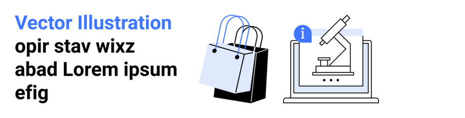 Shopping bags beside laptop with microscope indicate science and e-commerce connection. Ideal for retail, technology, education, innovation, e-learning, online studies, flat landing page banner
