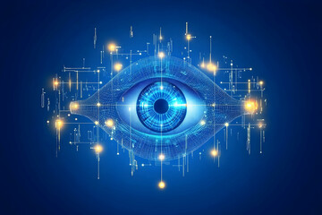 Abstract digital eye concept; futuristic technology, AI, surveillance, data, network, vision, cyber security, innovation, connection, digital art, glowing lines.
