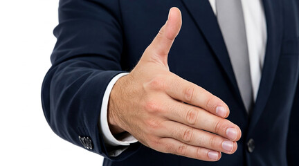 Obraz premium Businessman greets or ready to shake hand as business deal or offer. Marketing or business promotion idea.