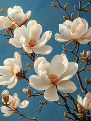 Realistic Magnolia flower picture on a blue background