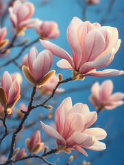The delicate pink magnolias blooming under the blue sky
