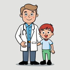 Vector illustration of a doctor in a white coat with a boy next to him