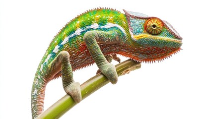 Obraz premium Colorful Chameleon on Branch, Isolated Background. Use Stock Photo