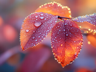 A close-up of autumn red leaves dotted with morning dew.