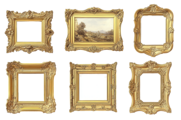 Ornate gold picture frames with one landscape painting, isolated on transparent background
