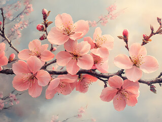 Aesthetic pink peach blossom branch illustration materials