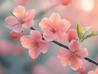 A close-up of delicate pink peach blossoms in soft lighting