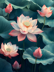 Aesthetic Chinese-style lotus flower illustration materials