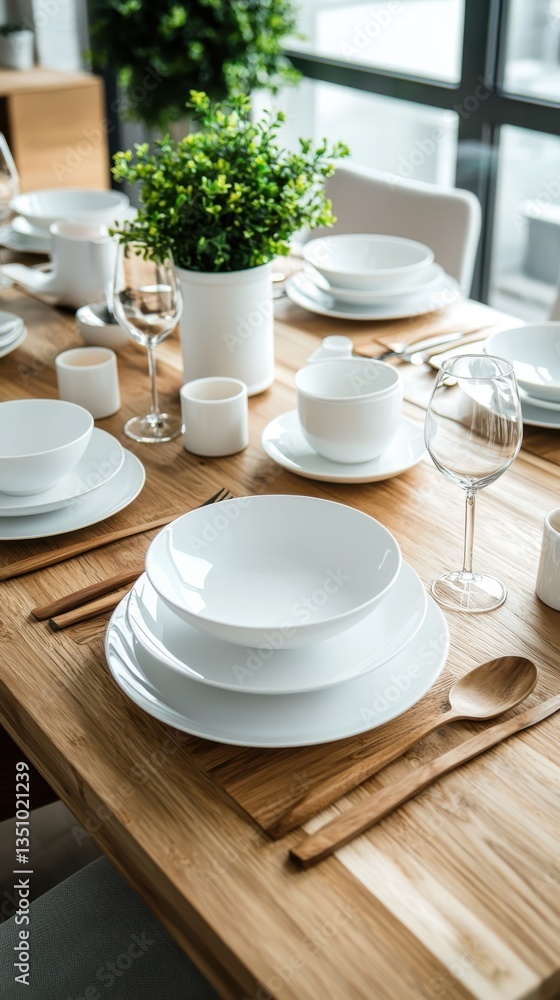 Poster elegant dinnerware set displayed on rustic wooden table in soft morning light overhead view of dinin
