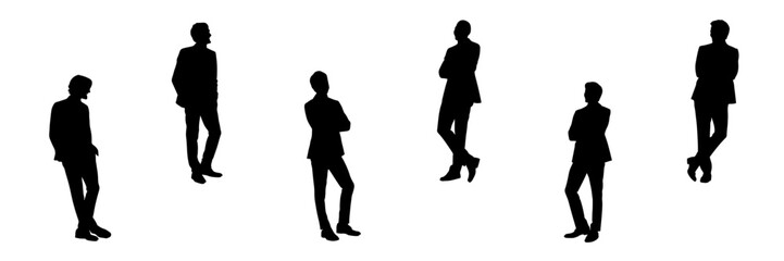 Vector silhouette of standing men, business, people, group, black color, isolated on white background