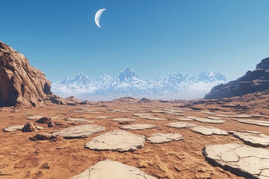 Alien planet landscape with crescent moon, rocky terrain, and snowy mountains in background. - Powered by Adobe