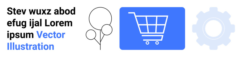 Shopping cart on blue square, cluster of balloons, and gear wheel. Ideal for e-commerce, shopping, technology, events, marketing, business strategy simple landing page