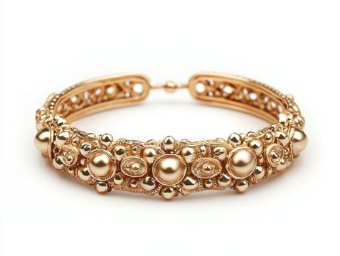 Elegant gold armlet with intricate traditional design and ornate detailing, featuring pearls and decorative patterns